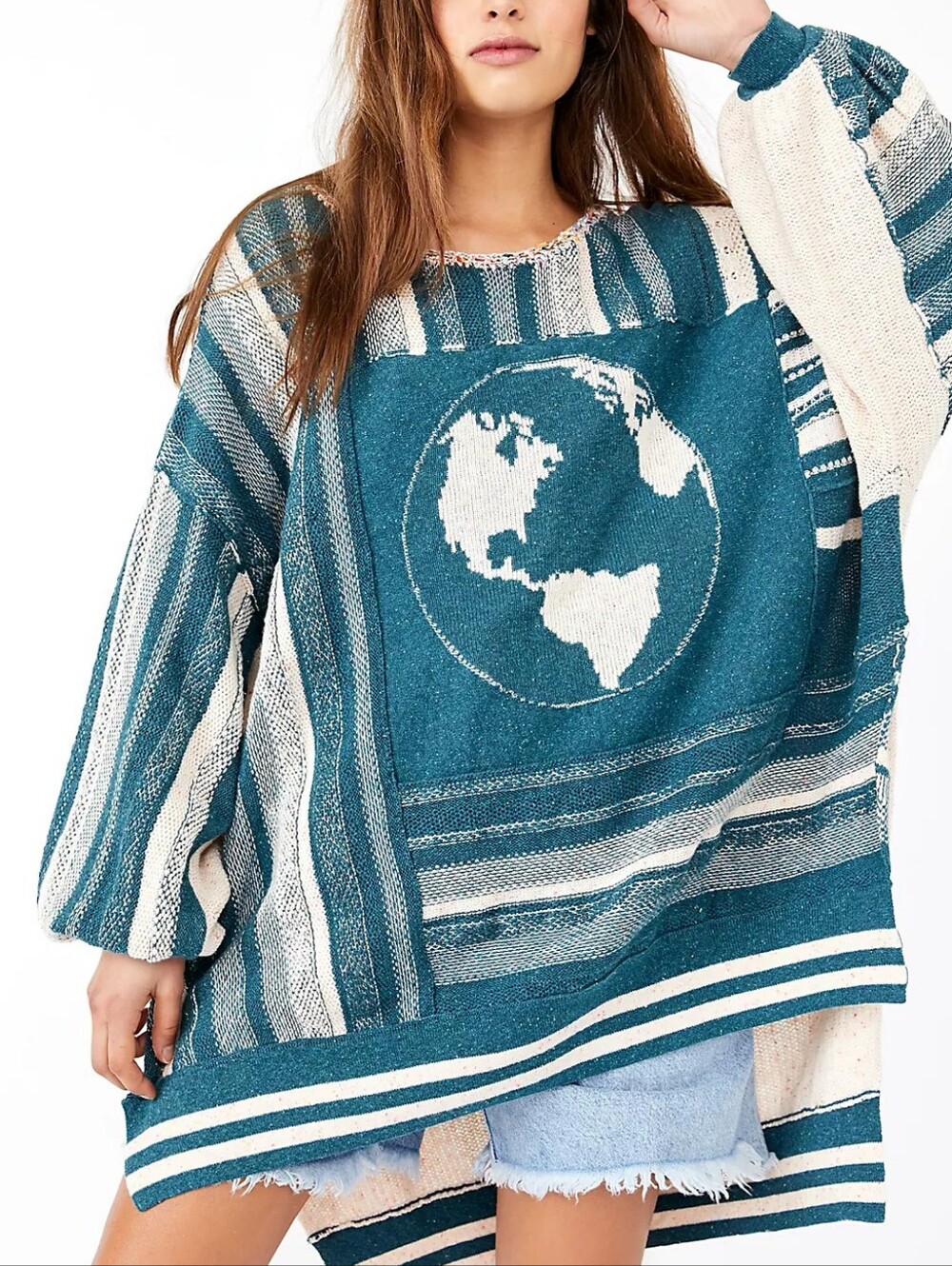 We The Free Gravity Tunic Sweater Earth Graphic Green & Cream XL Oversized
